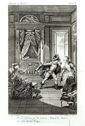 ‘Ik ga hem doden...’, scène uit akte II van ‘Het huwelijk van Figaro’ van Pierre-Augustin Caron de Beaumarchais (1732-99), gegraveerd door Claude Nicolas Malapeau (1755-1803), 1785